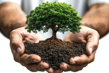 Caring individuals nurture a small tree in their hands, symbolizing environmental stewardship and growth