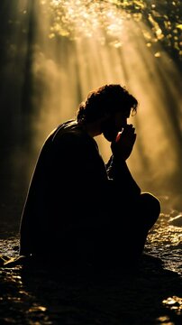 Silhouette of jesus in profound prayer at gethsemane moments before his betrayal and arrest
