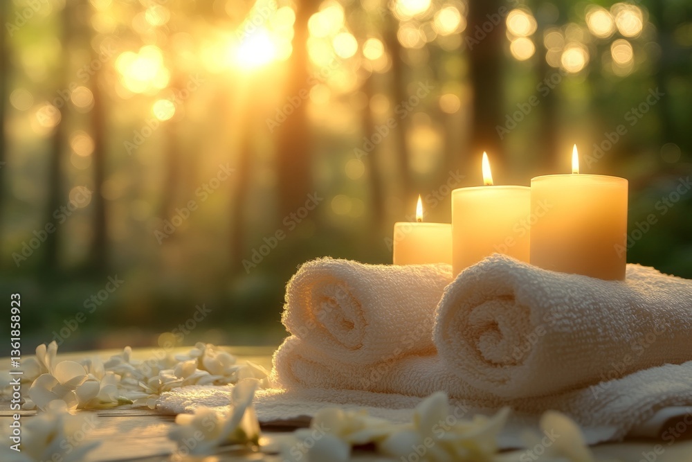 Poster relaxing spa setup with candles and towels in a serene forest at sunset