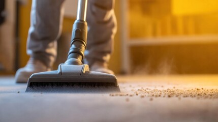 A close-up of a professional cleaner using a vacuum cleaner with a HEPA filter to remove dust and PM 2.5 particles indoors.