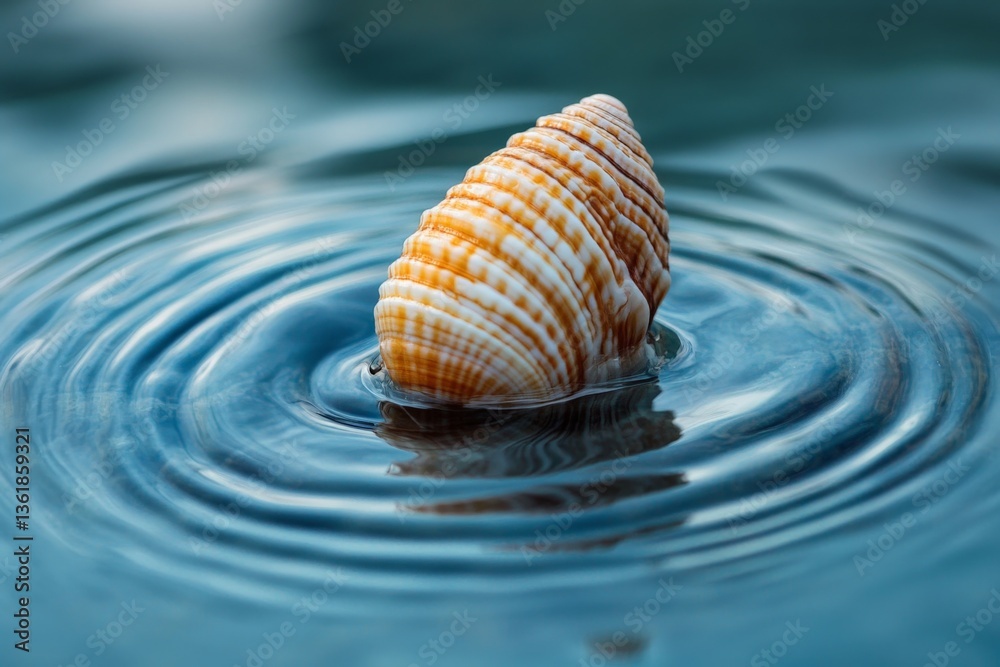 Poster beautiful seashell resting on calm water surface creating ripples during sunset at the beach