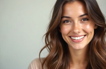 Smiling young woman with long brown hair. Happy female face shows joy, beauty, positive emotions. Attractive girl, healthy skin, white teeth. Good for beauty, dental, healthcare, wellness, skincare.