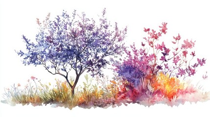  Vector watercolor blooming flower tree or forest side view isolated on white background for landscape and architecture drawing,elements for environment or and garden,green tree for garden section 
