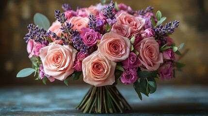 a stunning pink,lavender bouquet with lush roses,delicate purple accents creating a soft,romantic floral arrangement ideal for special occasions