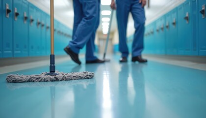 Janitorial staff members mopping school hallway with blue lockers. Cleaners in uniform at work. School building, cleaning service, cleanliness. Floor care. Hygiene concept, routine maintenance.