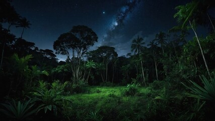A serene night scene in a lush jungle, illuminated by stars and the Milky Way overhead.