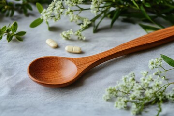 Supplements: Wooden Spoon with Herbal Medicine for Natural Health Care