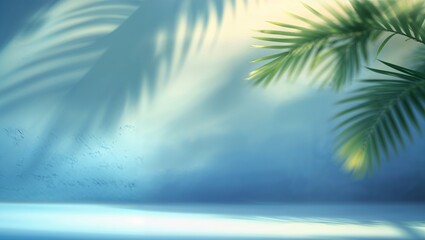 Shadows of palm leaves cast on a serene blue background in a calming tropical atmosphere
