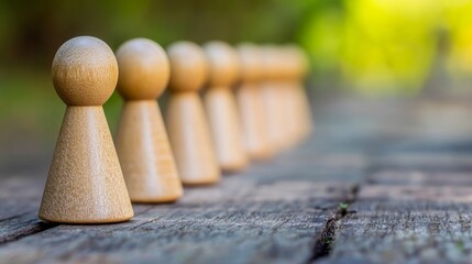 Wooden game pieces lined up on a rustic wooden surface in a sunny outdoor setting during the afternoon