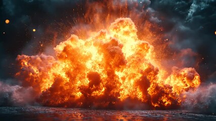 Fiery explosion, dramatic night sky backdrop, possible use for action movie poster