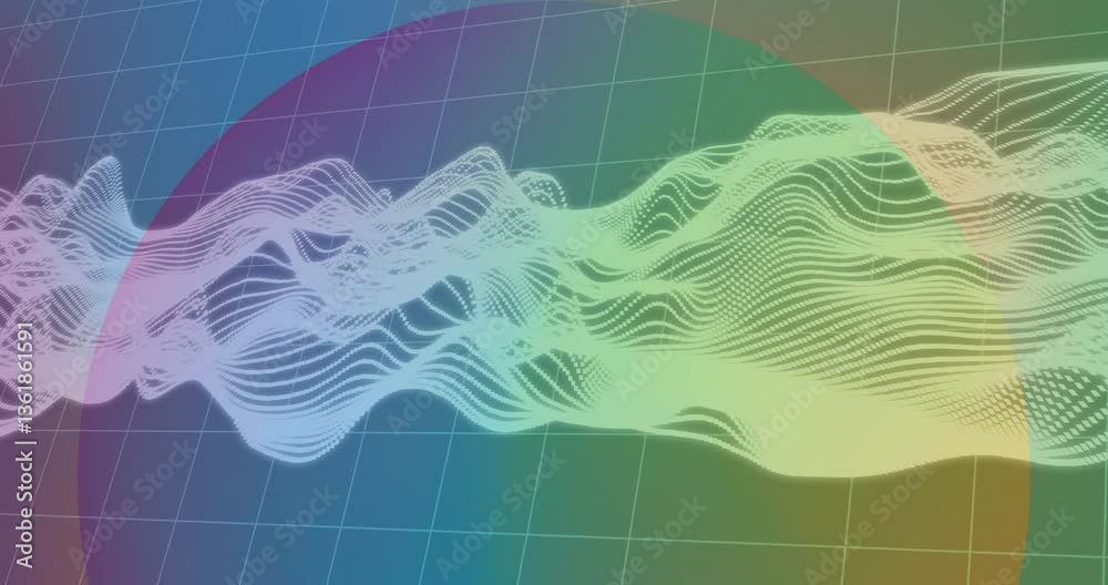 Poster animation of colorful wave patterns flowing over grid background with gradient hues