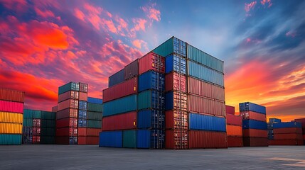 Fototapeta premium Cargo containers stacked at twilight. Logistics, distribution, transport backdrop
