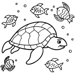 Sea Turtle Swimming in Coral Reef with Colorful Fish - Line Art SVG