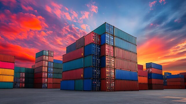Cargo containers stacked at twilight. Logistics, distribution, transport backdrop