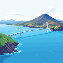 Suspension bridge connecting two islands with volcano in background © fiore26