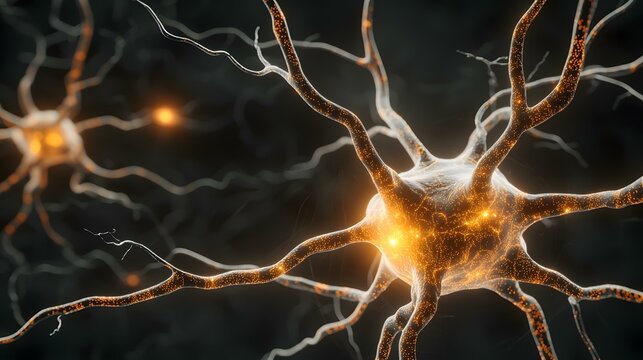 The image shows a detailed close-up of a neuron, its branching dendrites and axon glowing with points of light, suggesting neural activity.