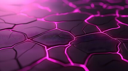 Obraz premium The image shows a dark purple, textured surface with glowing pink lines creating a cracked or fractured effect. The surface appears three-dimensional, with the cracks forming irregular polygonal sha