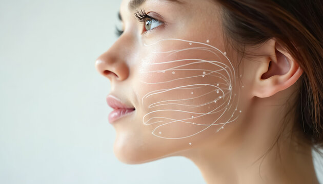 Woman face with dotted lines. Facial treatment skincare, anti-aging therapy in beauty spa. Cosmetic procedure, lymphatic drainage therapy. Aesthetic treatment, cosmetology, close-up, side view.