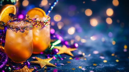 set of festive items for Mardi Gras. Cocktail, star, beads, confetti. It is suitable for decorating materials, advertising campaigns and products related to the Mardi Gras holiday, carnival