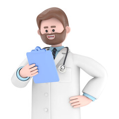 3D illustration of Male Doctor Iverson holds clipboard.Transparent Background Mockup.Supports PNG files with transparent backgrounds.