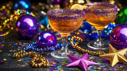 set of festive items for Mardi Gras. Cocktail, star, beads, confetti. It is suitable for decorating materials, advertising campaigns and products related to the Mardi Gras holiday, carnival