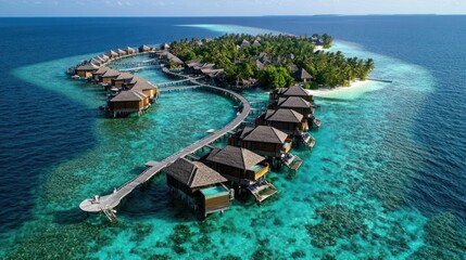 Exquisite aerial view of luxury overwater bungalows in the Maldives paradise