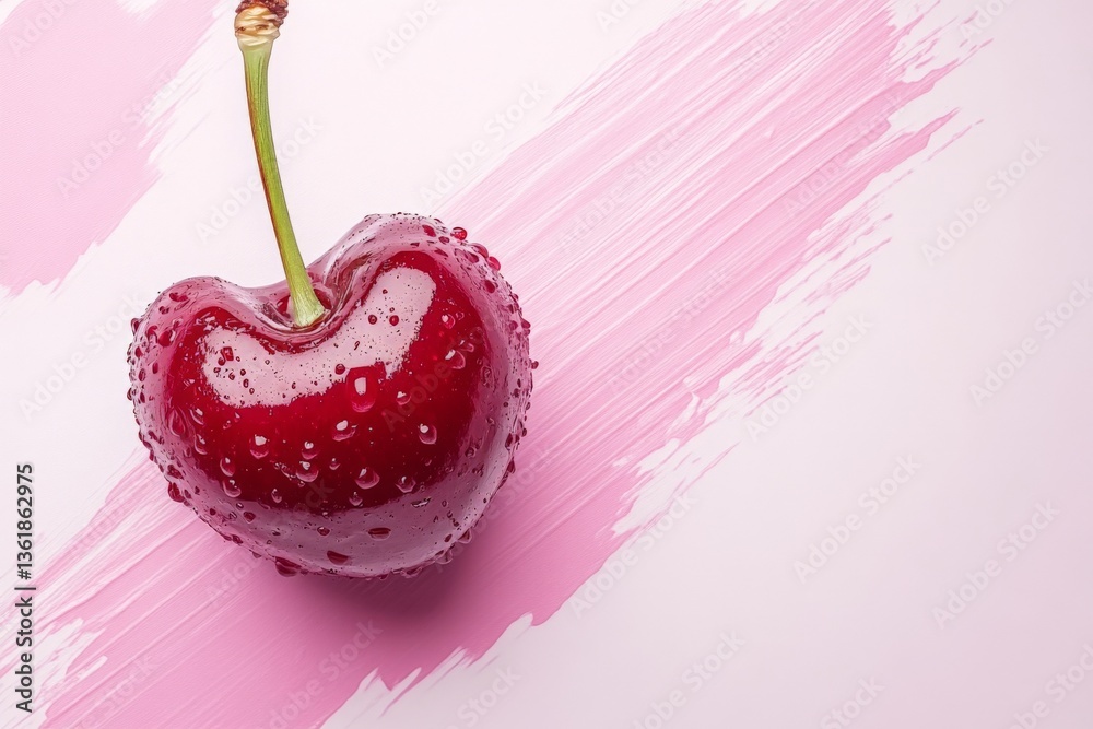 Poster heart-shaped cherry with droplets on pink brushstroke background creates a visually appealing still 
