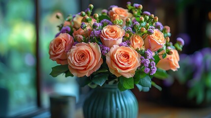 Fototapeta premium a vibrant bouquet with bold orange roses bright green dianthus,soft purple accents this lively arrangement brings energy,cheer perfect for celebrations or home decor