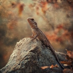 Fototapeta premium Juvenile Bearded Dragon on Rock, Autumnal Background