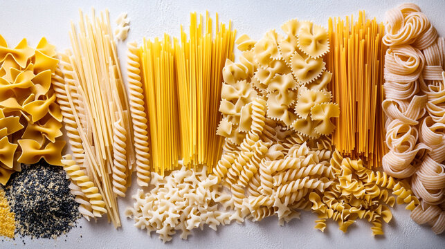 An overhead shot of various types of uncooked pasta arranged on a light colored surface evenly spaced