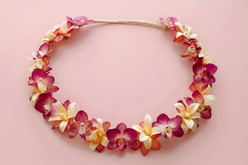 Obraz premium A colorful floral lei made of pink and white orchids on a soft pink background.