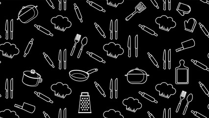 Kitchen utensils seamless pattern background. Kitchen set seamless pattern. Doodle of kitchen set, cooking utensils seamless pattern. Perfect for fabric, textile, wallpaper, decor, print, packaging