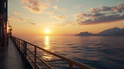 A serene sunset over calm waters, viewed from a ship's deck, highlighting the vibrant colors of the sky and the distant mountains.