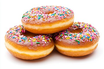 Glazed Donuts with Colorful Sprinkles on White Background