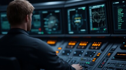 A person operates a futuristic control panel with multiple screens displaying data and graphics in a dimly lit environment.