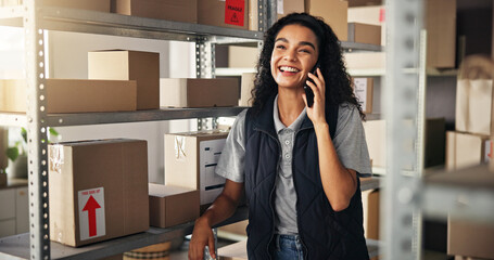Woman, planning and phone call with shipping for inventory, delivery and logistics for ecommerce....