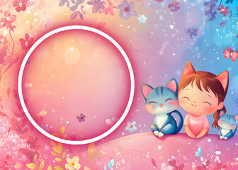 A colorful illustration featuring a girl and two cute cats, with a space for text.