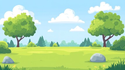 Summer landscape, trees, field, peaceful, background, illustration, cartoon, kids, nature