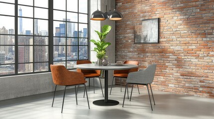 Modern Cityscape Dining Room with Brick Wall and Panoramic Window