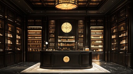 Elegant interior of a luxurious apothecary with shelves of products and warm lighting