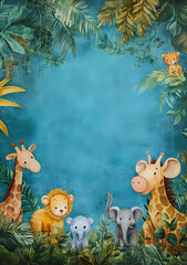 A colorful illustration featuring cartoon animals in a jungle setting.