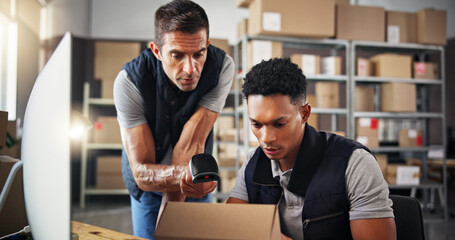 Teamwork, scanner and box for warehouse distribution of inventory management, order barcode or stock. Men, computer and package for reading pricing, quality assurance or label of shipping information