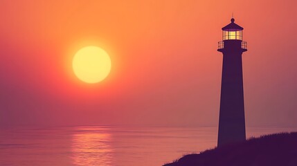 Lighthouse on a cliff at sunset with orange sky, waves, and bright sun. Use Background