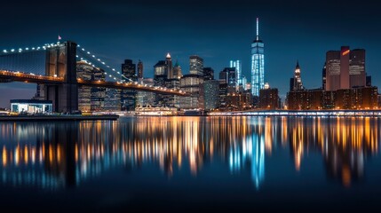 Fototapeta premium NYC Skyline at Night, Reflections in Water. Possible use Stock photo for travel, tourism, or cityscapes