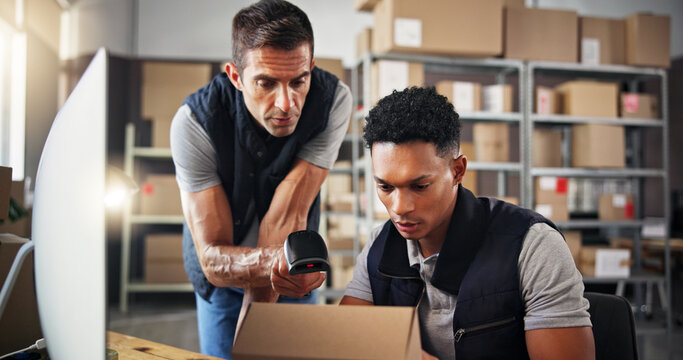 Teamwork, scanner and box for warehouse distribution of inventory management, order barcode or stock. Men, computer and package for reading pricing, quality assurance or label of shipping information