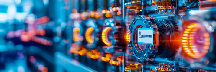 Obraz premium Industrial Machine: A close-up of intricate mechanical parts, illuminated with striking blue and orange lighting, showcasing high-tech engineering