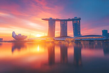 Naklejka premium City skyline at dusk reflects in calm water, showcasing stunning urban background