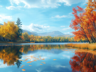 Fototapeta premium Serene Autumn Lake Landscape with Vibrant Fall Foliage and Reflective Water – Oil Painting Style with Golden Hour Lighting