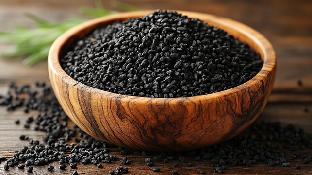 a wooden bowl filled with black cumin seeds sits on a wooden surface against a plain white background the seeds are small black,abundant showcasing their texture,color