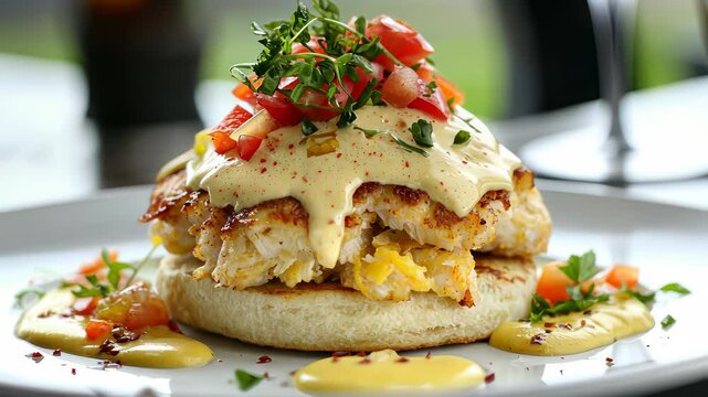 Delicious crab cake benedict served with fresh herbs and tomatoes in a modern restaurant setting